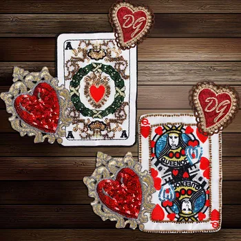 1 комплект покер карти, бродирани с мъниста, Апликация, икони във формата на сърце с пайети, тъканни ленти, пришиваемые за дрехи, украсени занаятчийски шиене на A123