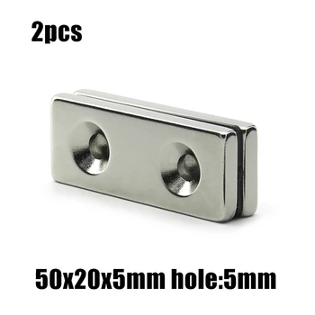 2 елемента 50x20x5 мм отвор: 5 мм Блок с двоен отвор NdFeB Неодимовый магнит N35 50x20x5-5 мм Супер Мощни Постоянен Магнитен
