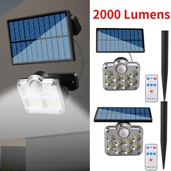 2000lm COB LED лампа със слънчева енергия, сензор за движение, Слънчева светлина, водоустойчив монтиране на авариен уличен лампа за декор градина
