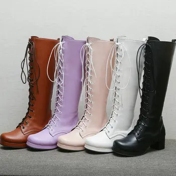 2021 г. Есенно-зимни дамски ботуши до коляното от Изкуствена кожа на платформа, Дамски Обувки на Квадратен ток с появата на шнур, Дамски ботуши с цип, Голям Размер на 43