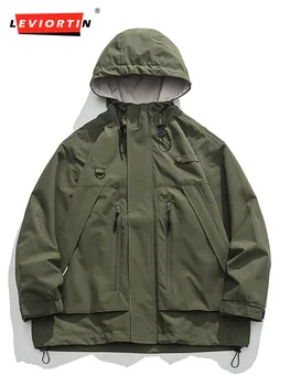 2022 Нова однотонная мъжко яке с качулка с цип с голям джоб, японски ретро-мода, градинска дрехи, свободно спортно палто за мъже