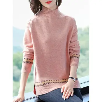 2022 Пуловер, вязаный пуловер в стил мозайка, женски корейски пуловер с дълги ръкави и висока воротом, памучни блузи, есен-Зима, новост Z79