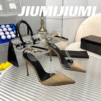 2023 JIUMIJIUMI/ най-Новите летни Елегантни копринени дамски сандали с каишка на щиколотке, вечерни обувки на висок ток с остър пръсти, дамски сандали изработени ръчно