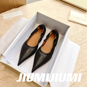 2023 JIUMIJIUMI/ Топ Удобни дамски обувки-лодка от естествена кожа върху плоска подметка С Остри пръсти; Тънки обувки-лодка; Дизайнерски обувки; Sapato Feminino