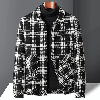 2023 Висококачествено Облекло Steetwear, черно, Бяло каре, есен-зима, мъжки вълнен тренч контрастни цветове, решетчатая яке