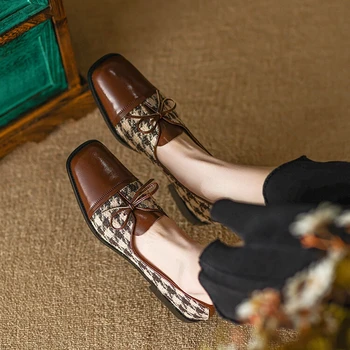 2023 г. Пролет-есен дамски обувки с квадратни пръсти на масивна обувки, дамски обувки-лодка от волска кожа, памучен плат, решетчатая обувки на нисък ток