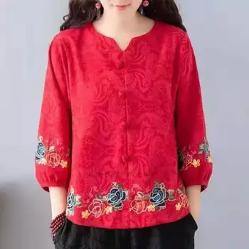 2023 дамски реколта блуза с национална бродерия на цветя, памук, ленени ризи, китайски чай, ризи hanfu, костюм от епохата на тан, ретро блуза