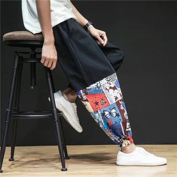 2023 Ежедневните Свободни Зреещи Мъжки Harajuku Лоскутные Мъжки Панталони В Китайски Стил Ленени Реколта Ретро Градинска Дрехи Мъжки Панталони