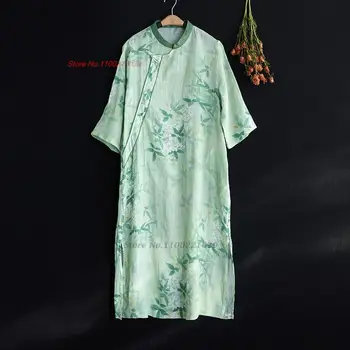 2023 китайското винтажное памучни ленено рокля подобряване на ципао национално рокля с флорални принтом vestidos рокли източното народно рокля ципао
