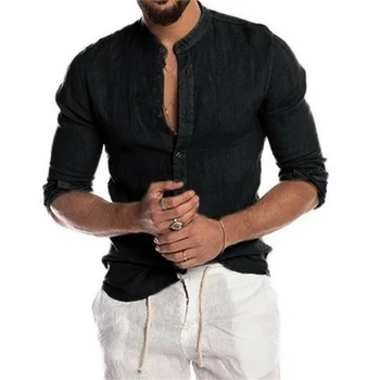 2023 Лятна мода, Нови Мъжки обикновена ленени Ризи, мъжка Риза с дълъг ръкав, жилетка с висока яка, свободна мъжка риза с дълъг ръкав