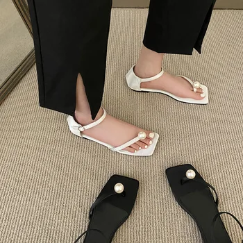 2023 Лятна нова дамски обувки-големи размери, дамски сандали с квадратни пръсти и перли, ежедневни и удобни сандали, дамски обувки