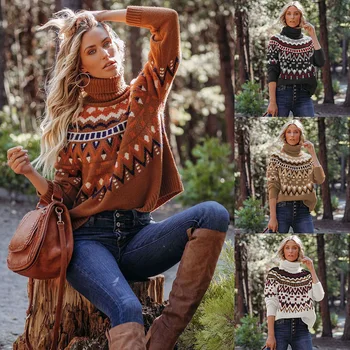 2023 нов дамски пуловер в стил мозайка райе в стил ретро в европейския и американския стил Yama, пуловер с висока воротом на Хелоуин
