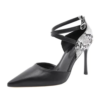2023 Нови кожени дамски сандали в стил мозайка с змеиным принтом, с остри пръсти и появата на ключалката, женски офис пикантни вечерни обувки на висок ток в черен и бял цвят