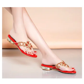2023 Нови летни дамски чехли голям размер, модерен дамски сандали на равна подметка с кристали, дамски плажни обувки-джапанки с отворени пръсти