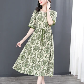 2023 Ново лятно дамско тънка дълга рокля с къс ръкав и завязками, висококачествено елегантна вечерна рокля в ретро стил Зелен Цвят с флорални принтом