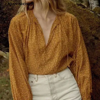 2023 Пролетно Ретро-шик превръзка от неопрен с шнур, на V-образна яка, жълт памучен риза с флорална принтом, Женски Свободен пуловер с ръкави-фенерче, Блузи