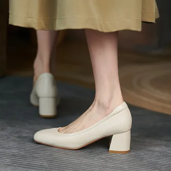 2023 Професионална дамски обувки от телешка кожа, обувки-лодка Mary Jane на висок ток от естествена кожа