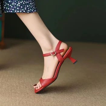 2023 Удобни летни сандали, дамски обувки с отворени пръсти, дамски сандали на тънките токчета, обувки от спилка с квадратни пръсти за жени на високи токчета