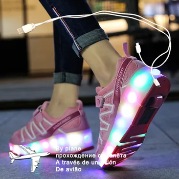 28-40 Розов, черен, зареждане чрез USB, модерни обувки за момичета и момчета с led подсветка, обувки за ролери, за деца, Детски маратонки с колела One колела