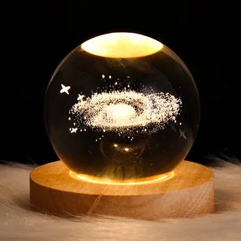 3D лека нощ с хрустальным топка на слънчевата система с 16 цветни led дървени щанд, Топка лампи с планети на Галактиката за рожден ден, Астрономически космос G