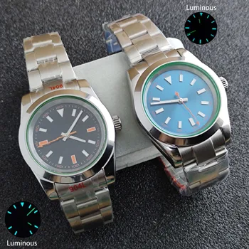 40 мм корпус NH35 36 Спортни часовници сапфирен кристал потребителски циферблат Ежедневни мъжки часовници Прозрачно задната част на кутията със синьо-зелено сияние