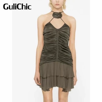 5,7 GuliChic, модерно рокля за тежката промишленост, на малка рокля с рюшами и цветя модел във формата на роза, с деколте по врата и отворен гръб, секси мини рокля за жените
