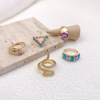 5 бр./много цветни кристали, цирконий змия пръстен набор от дамское пръстен, модерно сърце на геометрично пръстен смесен стил на популярни бижута
