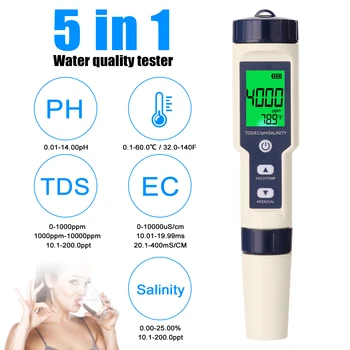 5 в 1 Тестер за Качеството на водата РН/ЕС/TDS/Соленост/Температура Многопараметрический Тестов Монитор Цифров Многофункционален Анализатор на Вода