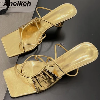 Aneikeh/ Модни Джапанки с Високо Качество дамски сандали-Гладиатори с тясна Лента, сандали-чехли 2024 г., лятна дамски обувки на нисък и висок ток