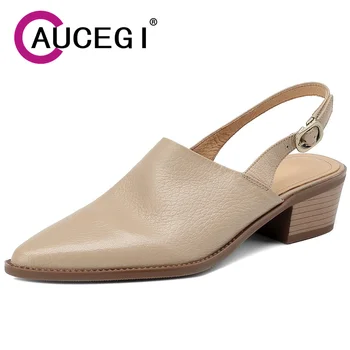 Aucegi/ 2023/ Дамски летни обувки-лодка от естествена кожа на квадратен ток с остър пръсти, елегантни обувки с каишка и катарама, модерен офис дамски обувки дантела