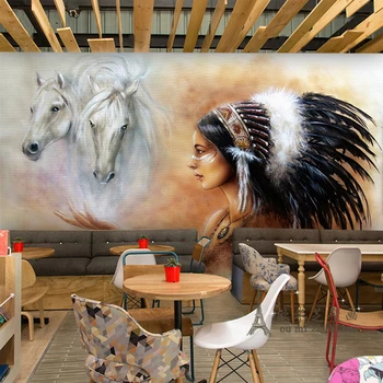 beibehang, голяма имитация на индийски момичета, стенни картини, темата на бял кон, кафене, лоби бар, тапети, като фон, тапети