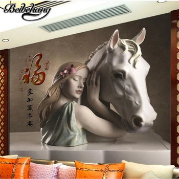 beibehang Потребителски 3D тапети HD щампована стенопис с едно момиче и кон на заден план, монтиране на украса, живопис, фотообои papel parede