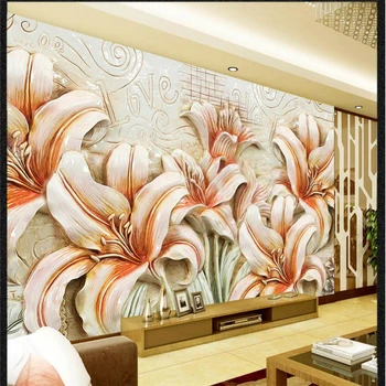 beibehang Тапети по поръчка, стенописи от всякакъв размер, снимка с обемни релефни, орхидея, цветя, лилии, на фона на телевизор, стена