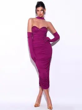 BEVENCCEL 2023, ново дамско секси лилава maxi-дълга дебнещ плиссированное рокля с диаманти, елегантна вечерна клуб рокля без презрамки