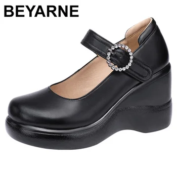 BEYARNE/ обувки-лодка на танкетке с кръгло бомбе, дамски обувки, обувки на Мери Джейн, кожени обувки с дебела подметка, високи обувки-лодка на платформата, модни маркови нови обувки голям размер