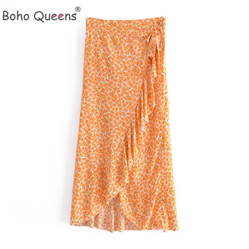 Boho Queens/ дамски жълт памучен плажна пола с флорални принтом от вискоза впечатлява със своя бохемски стил, с цепка, с къдри, Макси асиметрични поли, Femme