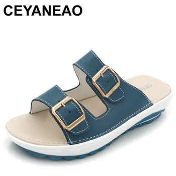 CEYANEAO, летни дамски сандали на платформа, кожени обувки на плоска подметка с катарама, леки меки дамски ежедневни удобни чехли на токчета C002