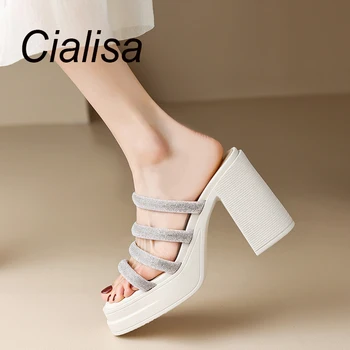 Cialisa/ Дамски чехли с отворени пръсти, Модни Обувки на платформа с кристали, Дамски Летни Елегантни Дамски ръчно изработени обувки на висок ток 10 cm, 40