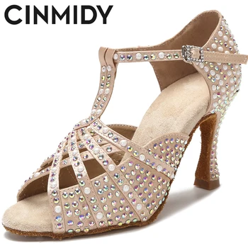 CINMIDY секси планински кристал токчета перли танц танго салса, румба, самба танцови обувки мека подметка Дамски сандали, обувки за сватба