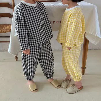 Demisezonnyj унисекс, памучни, тънки пижамные комплекти в клетката, детски ежедневни широки дрехи за почивка, комплекти от 2 теми