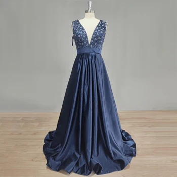 DIDEYTTAWL Реални снимки на Тъмно-синьо атласное рокля за бала, без ръкави, расшитое мъниста, вечерна рокля трапецовидна форма с дълбоко V-образно деколте и с отворен гръб