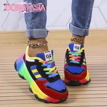 DORATASIA/ разноцветни дамски маратонки, пролетно дамски спортни обувки на дебелото танкетке и платформа с шнур, ежедневни дамски обувки за почивка, нова марка