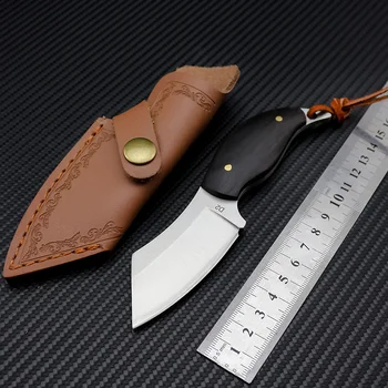 Dropship D2 стомана мини-нож с фиксирано острие с кожен калъф, малък клиренс, походный нож с черна дръжка от черно дърво
