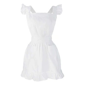 E56C Женски бяла престилка в ретро стил за момичета с джобове, Регулируем във викториански стил лигавник, костюм за cosplay прислужница, кухненски костюм за печене