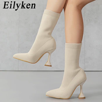 Eilyken/ Уютни Женски Ботильоны от Еластичен Плат, Плетиво, Модни Обувки на нисък ток, Есенно-зимни Чорапи, Zapatos De Mujer
