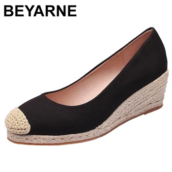 Espadrilles BEYARNE, дамски сандали на танкетке, пролет-есен 2020 г., Нов стил, Обувки на платформа от Флока на средно гъст токчета, дамски слама