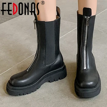 FEDONAS/ есенно-зимни дамски ботильоны на дебел ток и платформа, естествена кожа, през цялата чорап, с цип, ежедневни градинска обувки за почивка, дамски