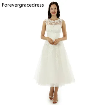 Forevergracedress Дантелено сватбена рокля без ръкави трапецовидна форма, сексуална сватбена рокля чаена дължина от скъпоценния камък на шията, на кратко сватбена рокля в голям размер за поръчка