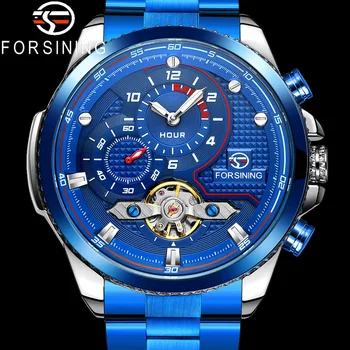 FORSINING Tourbillon Автоматични механични мъжки ръчен часовник Военни спортни мъжки часовници Най-добрата марка на луксозни Сини класически мъжки часовник 8229