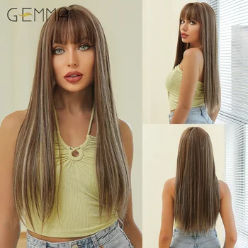 GEMMA Синтетични кестенява светли дълги прави перуки с бретон за ежедневна cosplay от естествена коса за черни жени, топлоустойчиви